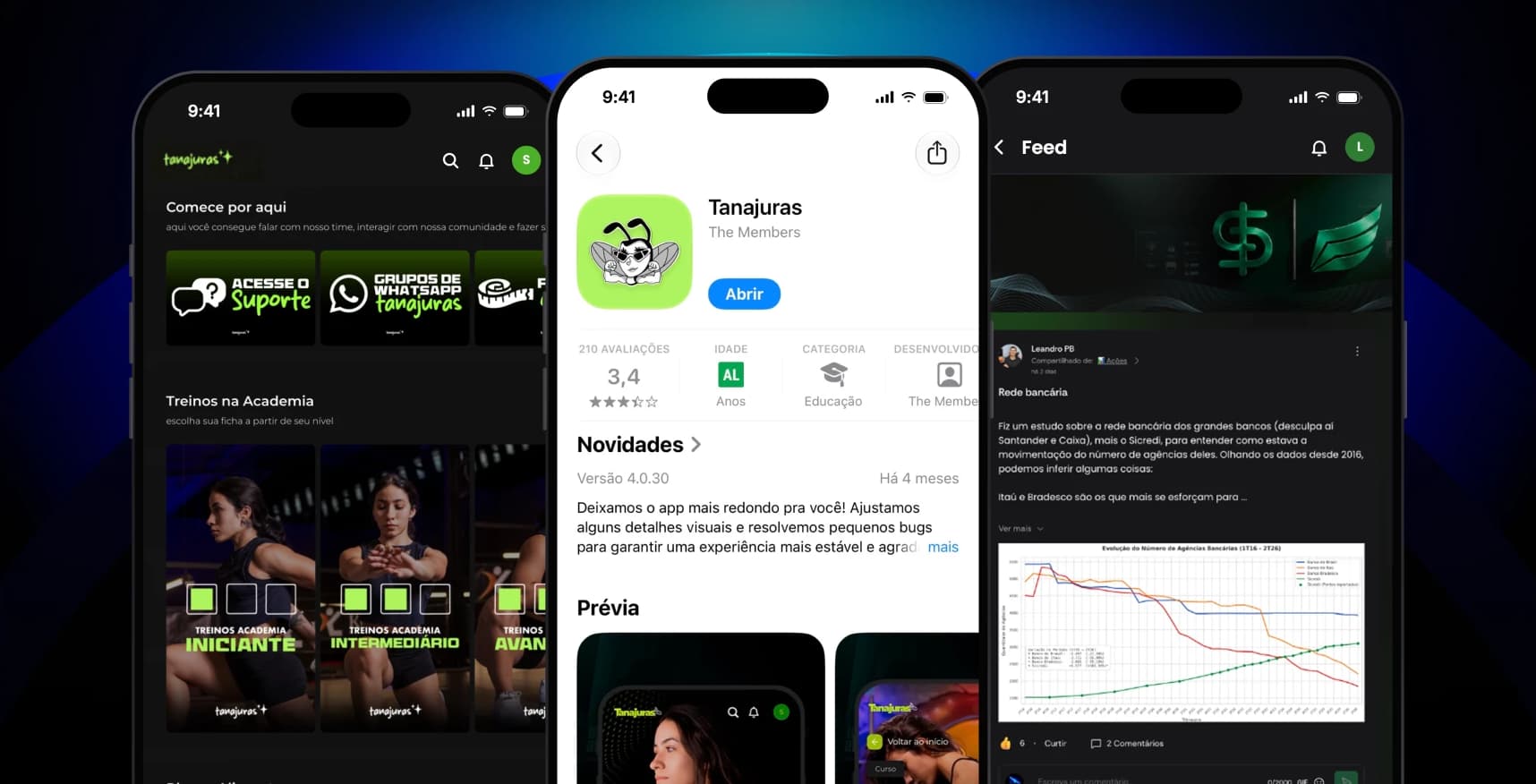 Aplicativo Tanajuras: área de membros, App Store e comunidade no celular